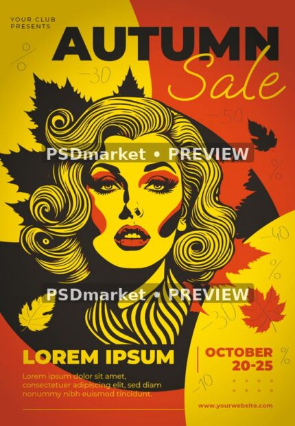 Retro Woman Autumn Sale Flyer PSD Template — PSD template preview