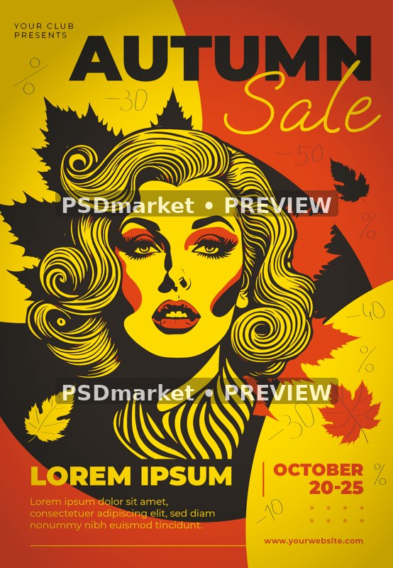 Retro Woman Autumn Sale Flyer PSD Template — reduced watermarked source artwork preview