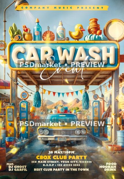 Retro Yellow Car Wash Event Flyer PSD Template — PSD template preview