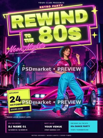 Rewind 80s Neon Nights Flyer PSD Template — PSD template preview