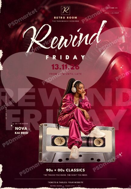 Rewind Friday retro party flyer with burgundy typography, a woman wearing headphones and a large cassette, PSDmarket protected preview