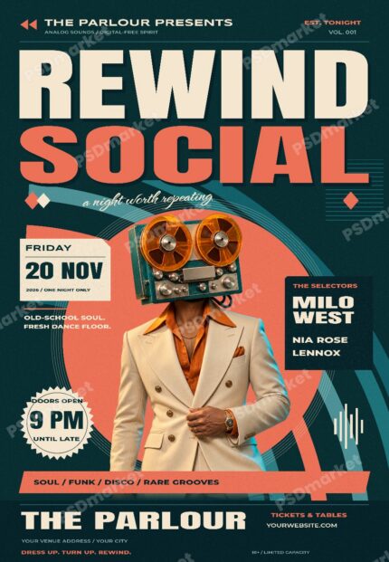 Rewind Social Retro Soul and Disco Night Flyer PSD Template with PSDmarket preview watermark