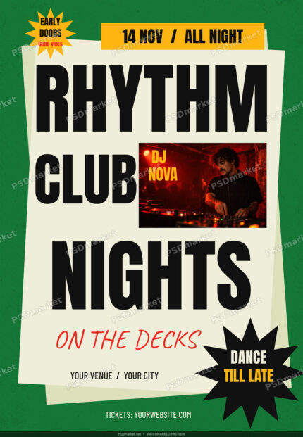 Rhythm Club Nights flyer with oversized black text on cream panels, green background, DJ image and yellow starbursts. Protected watermarked preview.