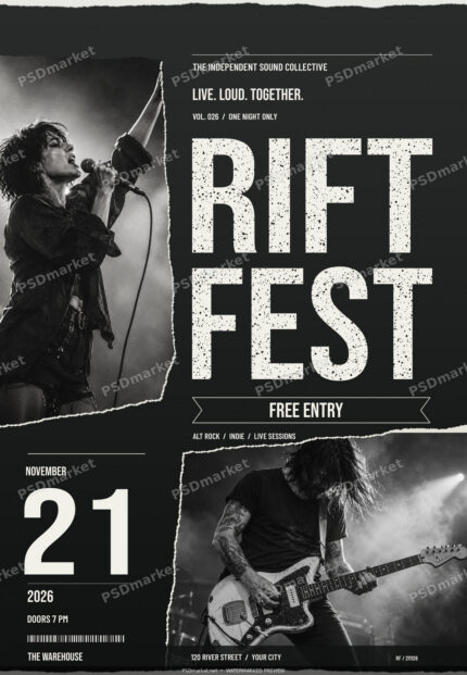 Rift Fest Monochrome Rock Festival Flyer PSD Template with the standard PSDmarket watermark