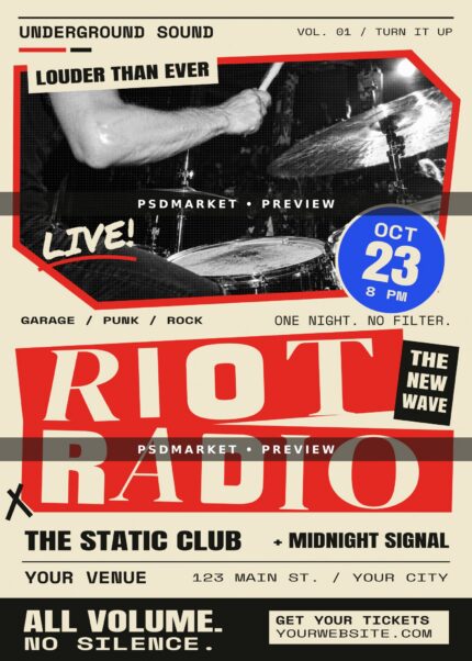 RIOT RADIO Punk Rock Flyer PSD and SVG Template — PSD template preview