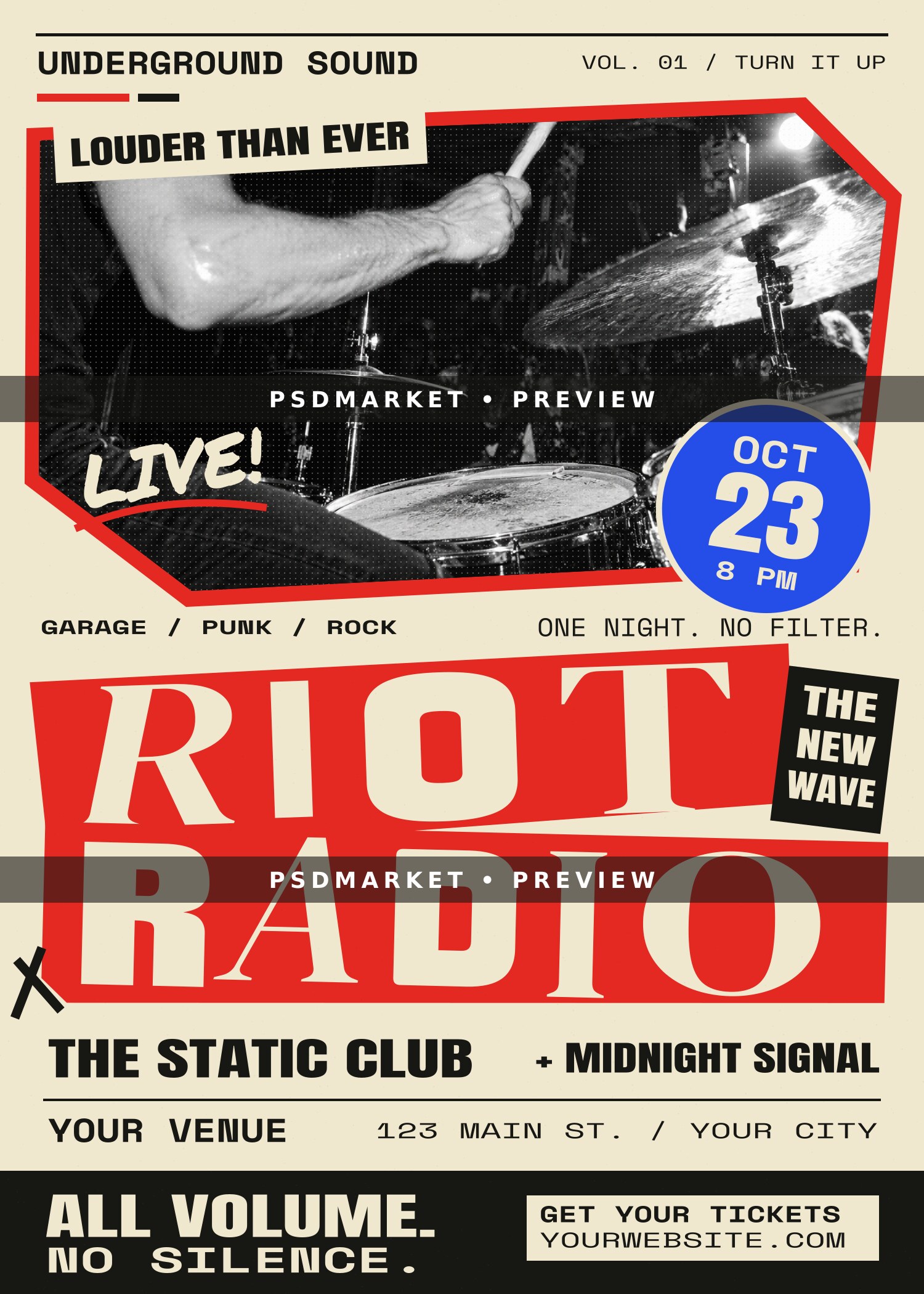 RIOT RADIO Punk Rock Flyer PSD and SVG Template — PSD template preview