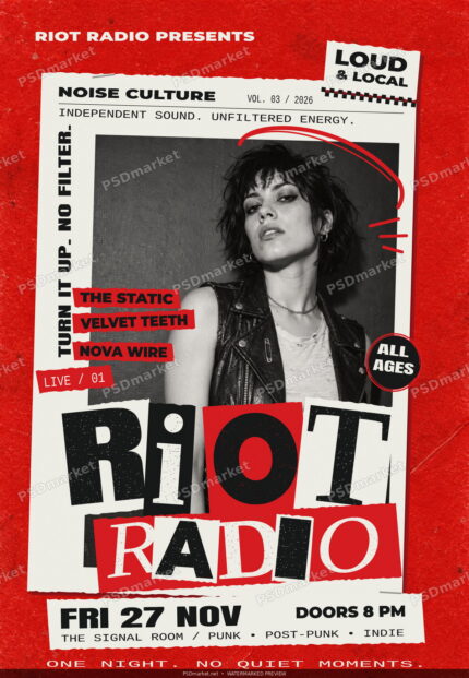 Red punk zine collage flyer with a black-and-white performer portrait, torn paper lettering and repeated PSDmarket preview watermarks.