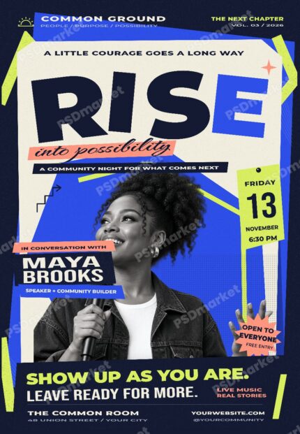 Rise community night speaker flyer with blue and lime collage, editable headline and guest portrait