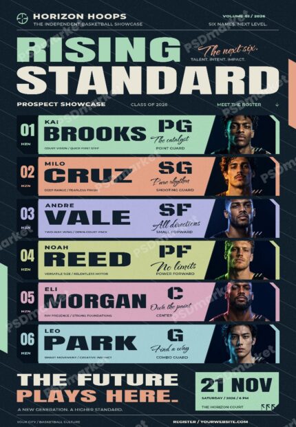 Rising Standard Basketball Prospect Showcase Flyer PSD Template — PSD template preview