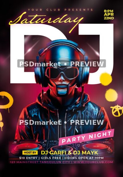 Robot DJ Saturday Night Flyer PSD Template — PSD template preview
