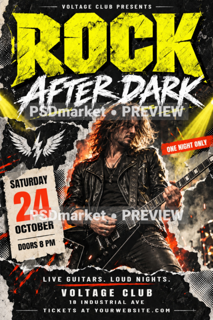 Rock After Dark Club Flyer PSD Template — PSD template preview