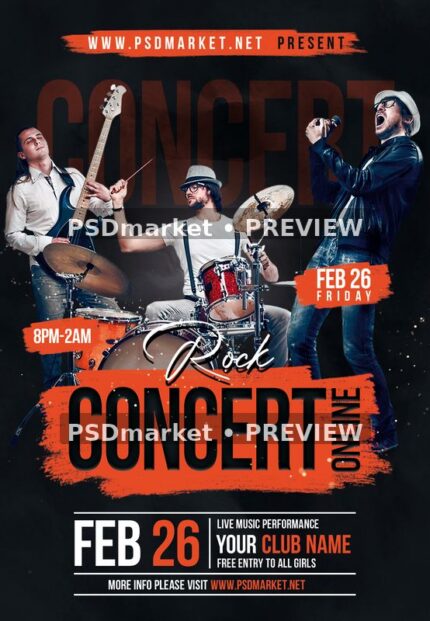 Rock Concert Orange Brush Band Flyer with two horizontal PSDmarket preview watermarks