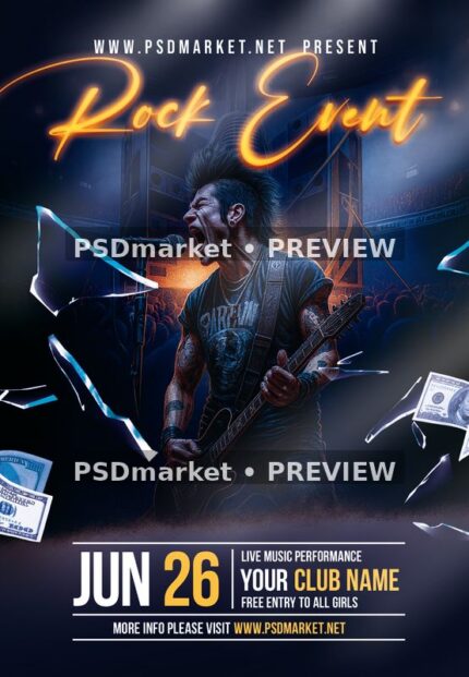 Dark rock event flyer with guitarist, gold script heading, blue stage lighting and date panel.