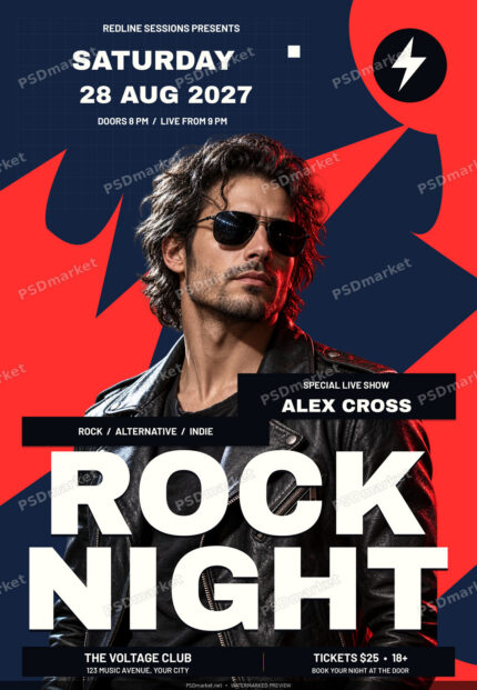 Rock Night concert flyer with bold cream lettering, red and navy vector graphics and a fictional musician in sunglasses; watermarked preview