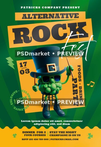 Green and yellow rock festival flyer with bold black title, white Fest script and a top-hat shamrock-style character