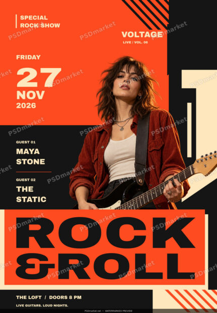 Orange, black and cream Rock & Roll Voltage concert flyer with a fictional guitarist portrait, bold typography, diagonal stripes and editable event details; watermarked preview