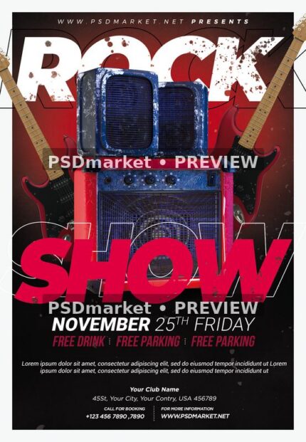 Rock Show flyer with red electric guitars, a blue and red amplifier stack, distressed oversized type, and two preview watermarks.