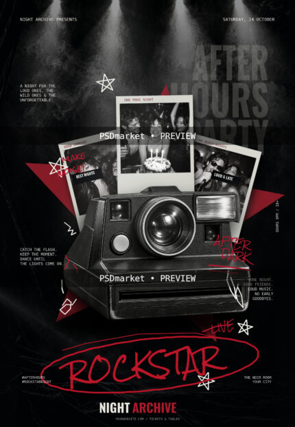 Rockstar After Hours party flyer with a vintage instant camera, black-and-white photo collage, red graffiti and two PSDmarket preview bands.