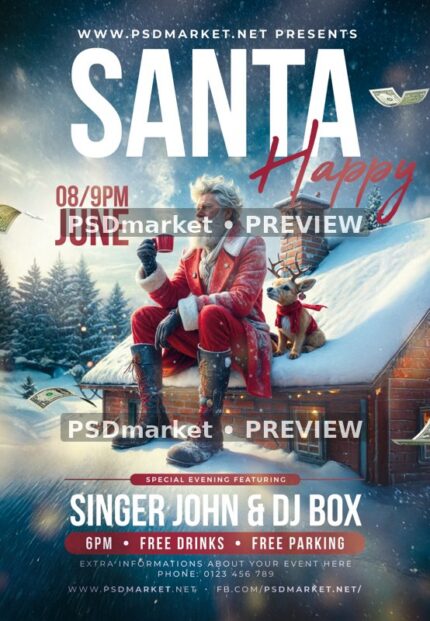Rooftop Santa Winter Party Flyer PSD Template — reduced watermarked source artwork preview