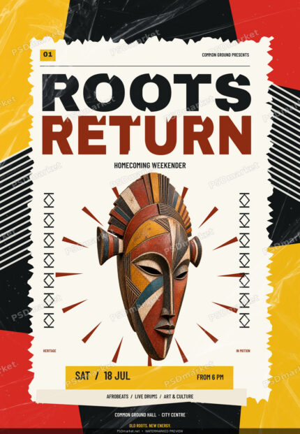 Roots Return homecoming flyer with a carved mask, cut-letter headline and red yellow black paper collage, protected PSDmarket preview