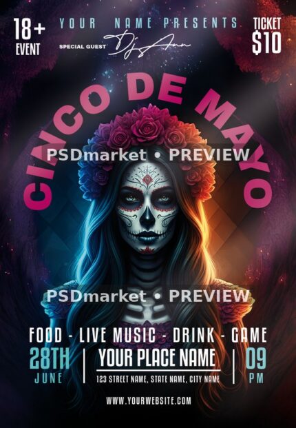 Rose Crown Portrait Cinco de Mayo Night Flyer PSD Template — PSD template preview
