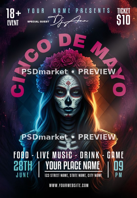 Rose Crown Portrait Cinco de Mayo Night Flyer PSD Template — PSD template preview