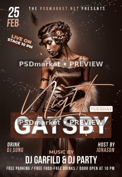 Rose Headband Gatsby Night Flyer PSD Template — PSD template preview