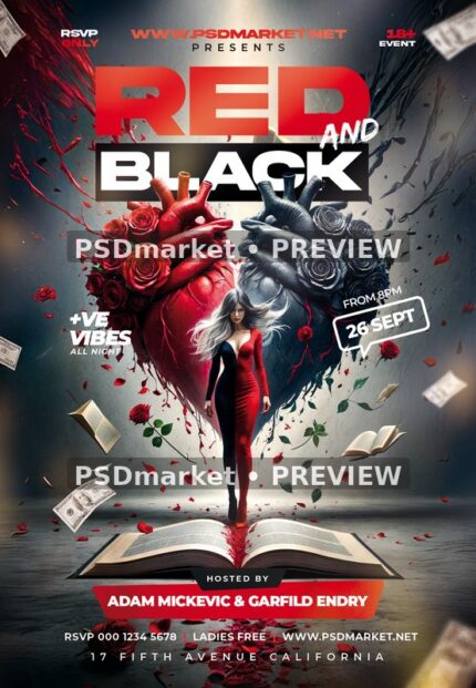Rose Hearts and Storybook Red and Black Party Flyer — reduced watermarked source artwork preview