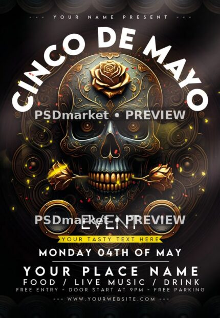 Rose Skull Speakers Cinco de Mayo Event Flyer PSD Template — PSD template preview