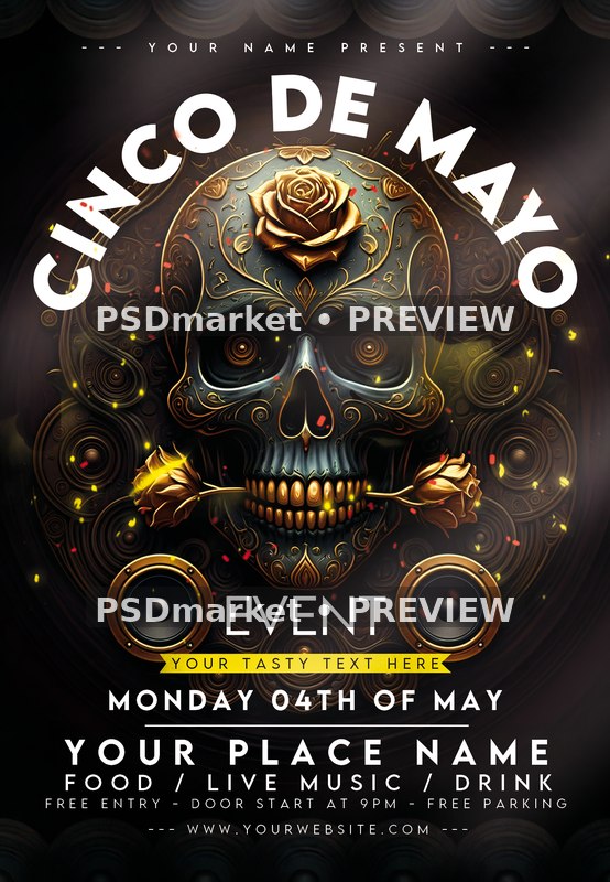 Rose Skull Speakers Cinco de Mayo Event Flyer PSD Template — PSD template preview