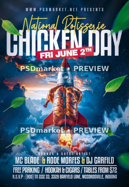 Rotisserie Chicken Rocket Day Flyer PSD Template — PSD template preview