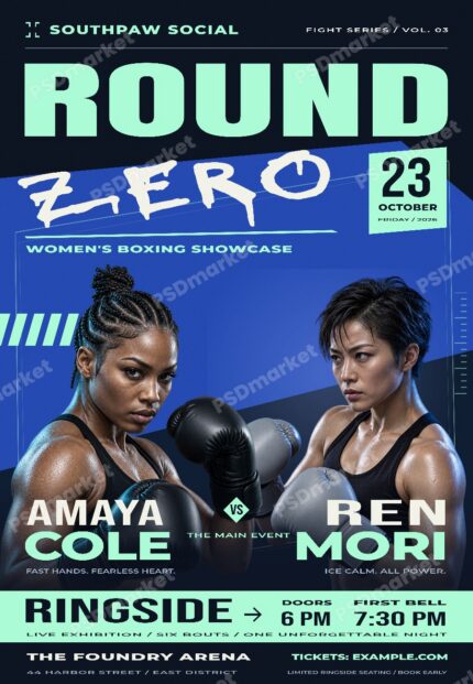 Round Zero Women's Boxing Fight Night Flyer PSD Template — PSD template preview