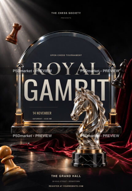 Royal Gambit chess flyer with a crystal knight in front of an arched smoked-glass title panel, floating chess pieces and burgundy velvet; PSDmarket preview watermark