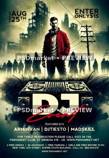 DJ event flyer with red-jacket figure, headphones, misty ruined city, decks, speakers and cream and red headline