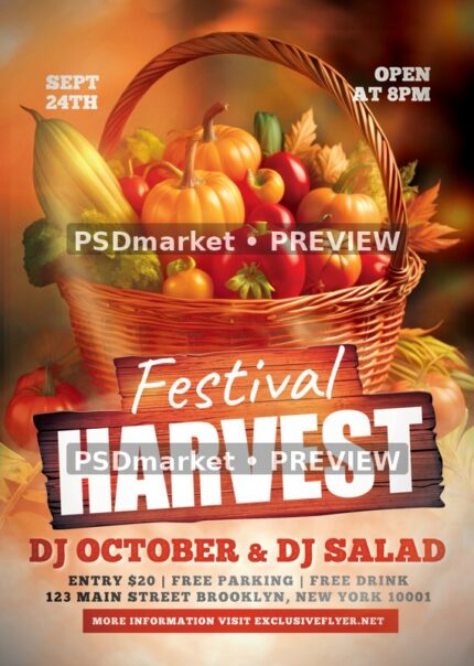 Rustic Produce Basket Harvest Festival Flyer PSD Template — PSD template preview