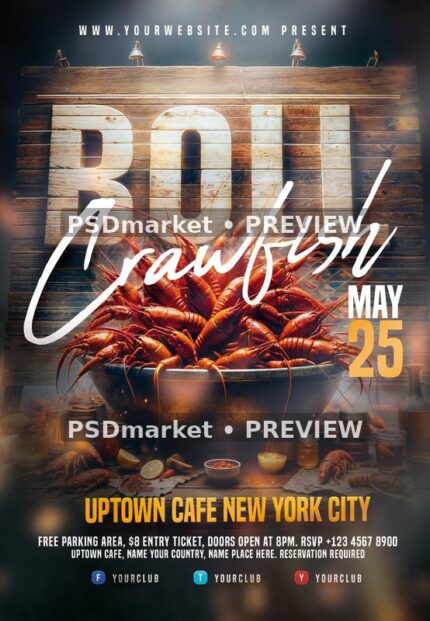 Rustic Wooden Crawfish Boil Flyer PSD Template — PSD template preview