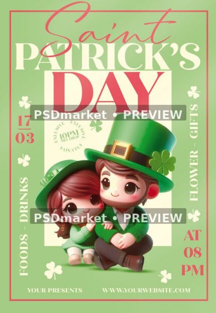 Green Saint Patricks Day flyer with two illustrated characters, shamrocks, coral lettering and preview watermarks