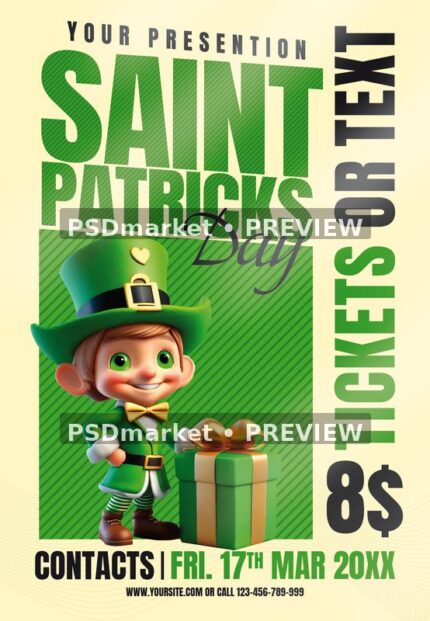 Yellow Saint Patricks flyer with green headline, leprechaun and gift, vertical ticket text and bold price.