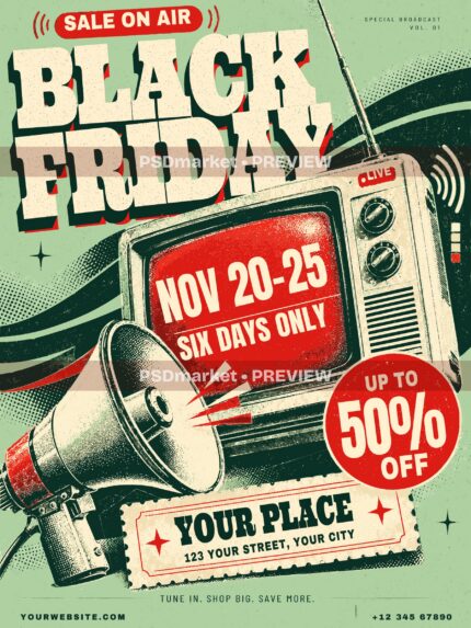 SALE ON AIR Retro Black Friday Flyer PSD and SVG Template — PSD template preview