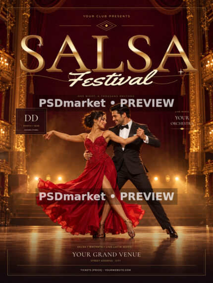 Salsa Opulencia festival flyer with gold lettering, burgundy curtains and a dancing couple, watermarked PSDmarket preview