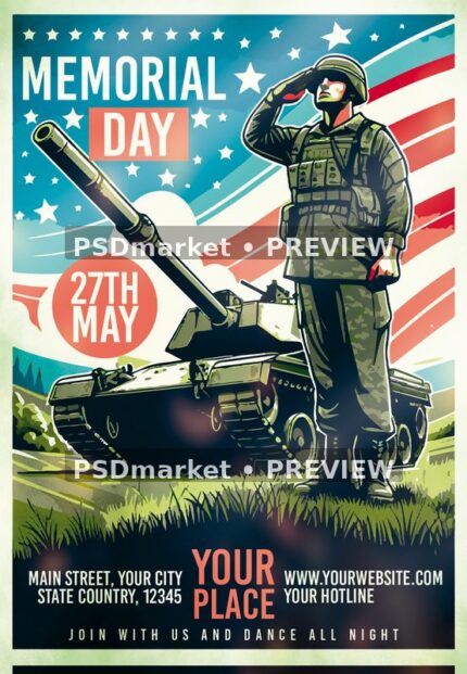 Flag-inspired Memorial Day flyer with saluting soldier, tank, stars and May date circle