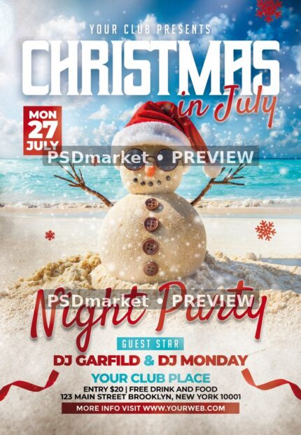 Sand Snowman Christmas in July Flyer — reduced watermarked source artwork preview