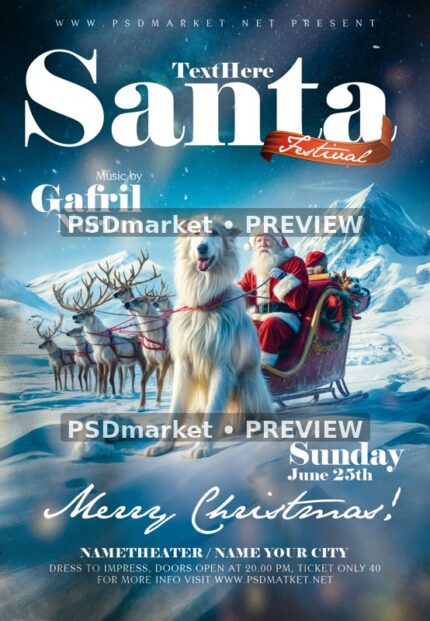Santa and White Dog Sleigh Festival Flyer PSD Template — reduced watermarked source artwork preview