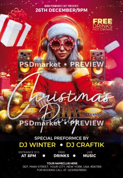 Santa DJ Girl Christmas Party Flyer PSD Template — reduced watermarked source artwork preview
