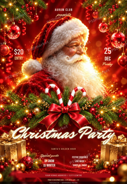 Santa's Golden Hour Christmas party flyer with red and gold festive frame and script lettering, protected PSDmarket preview