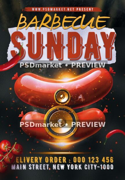 Sausage Speakers Barbecue Sunday Flyer PSD Template — PSD template preview