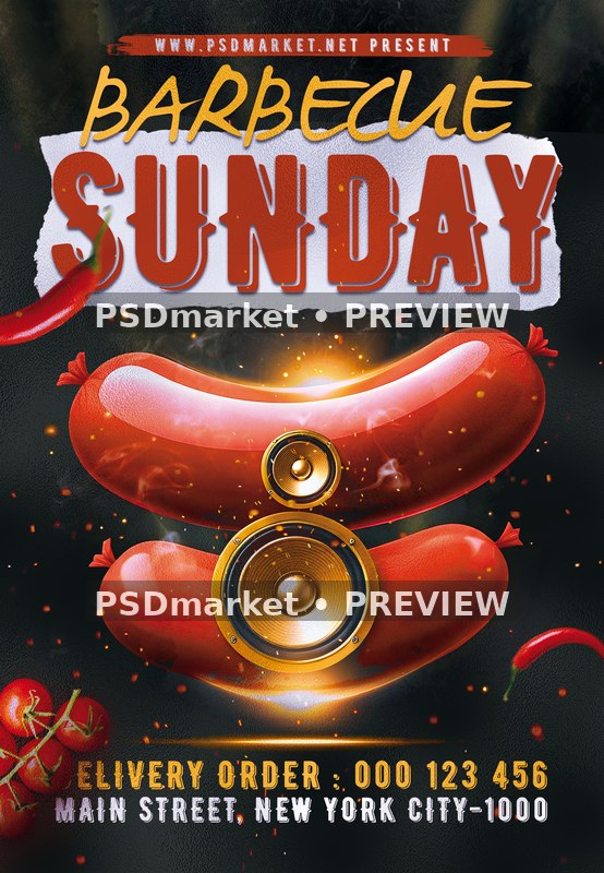 Sausage Speakers Barbecue Sunday Flyer PSD Template — PSD template preview