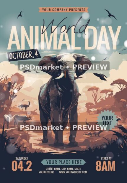 Savanna Elephant World Animal Day Flyer PSD Template — PSD template preview