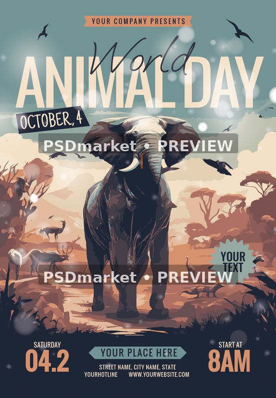 Savanna Elephant World Animal Day Flyer PSD Template — PSD template preview