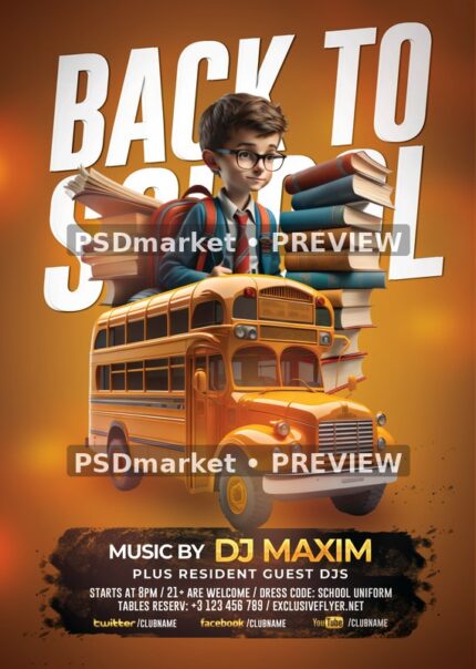 School Bus Back to School DJ Party Flyer PSD Template — PSD template preview